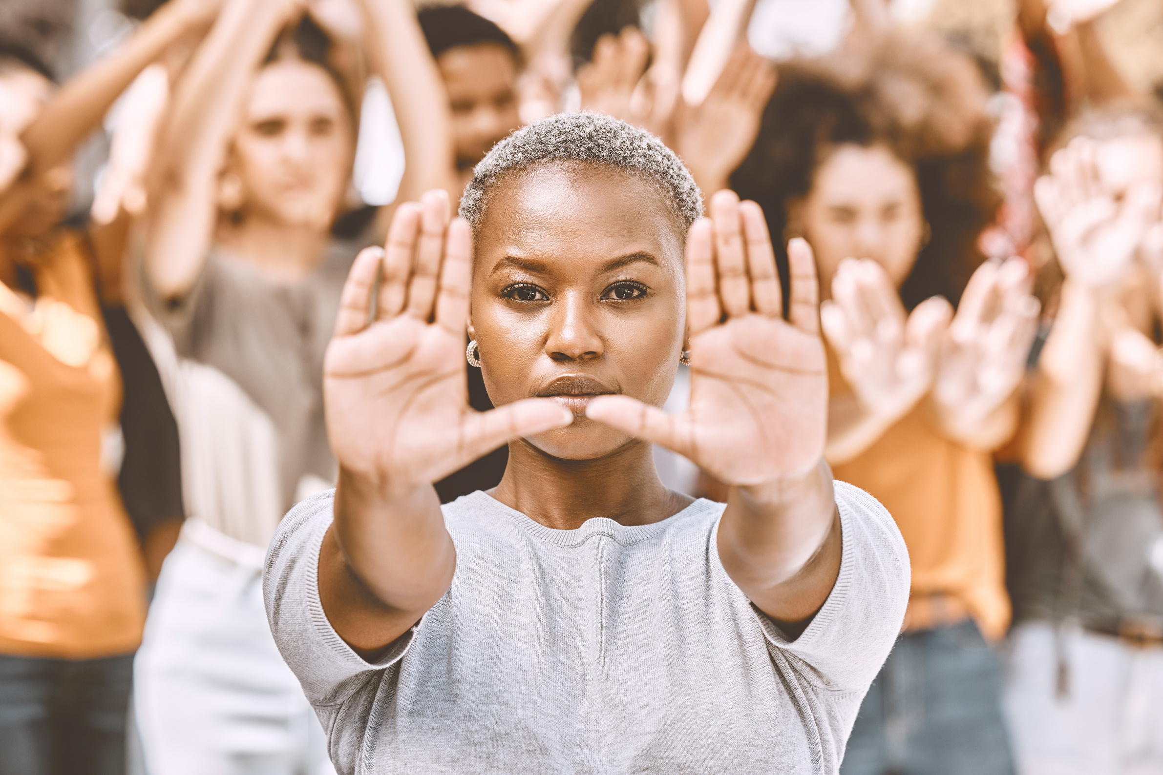 Protest, Stop Hands and Black Woman with People